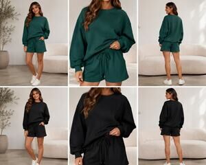 ZENANA Ribbed Oversized Sweatshirt & Shorts Set - Hunter Green